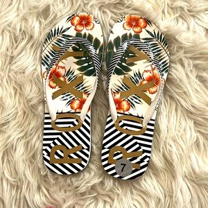 Roxy Floral and Striped Sandals - Orange, Green, Black, White. NWOT